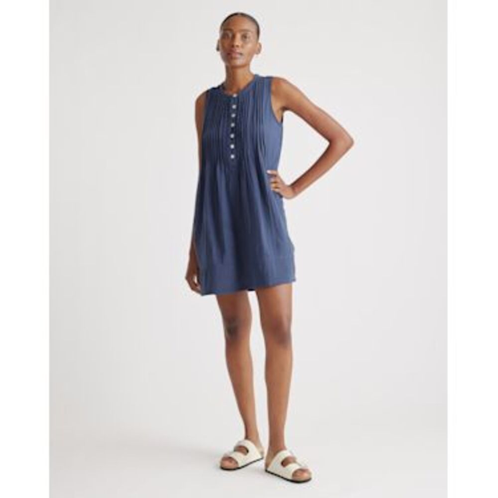 Quince Women 100% Organic Cotton Gauze Sleeveless Swing Dress Indigo Blue M